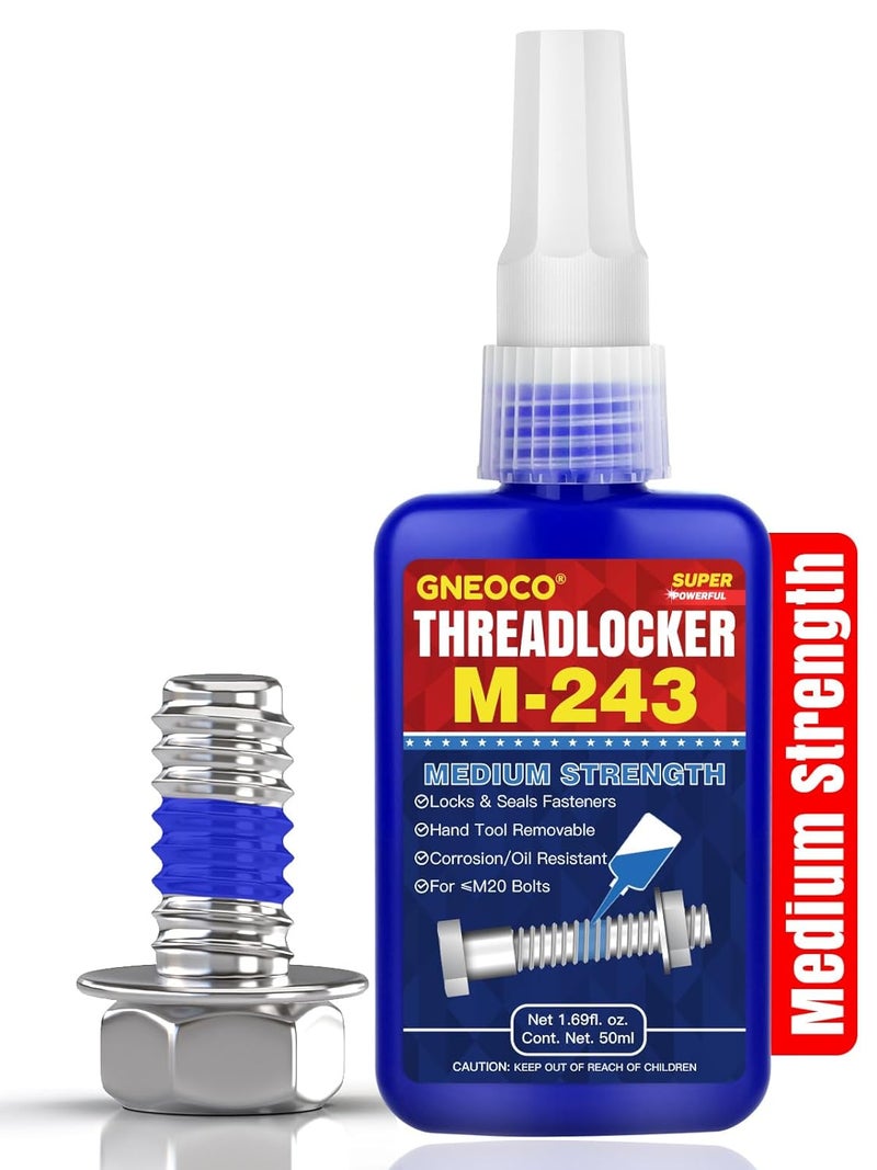 GNEOCO ThreadLocker Blue, Thread Lock Medium Strength Lock Tight for Nuts, Bolts, Fasteners and Metals, Anaerobic Curing Metal Glue to Prevent Loosening and Corrosion (M243-50ml) - Image 1